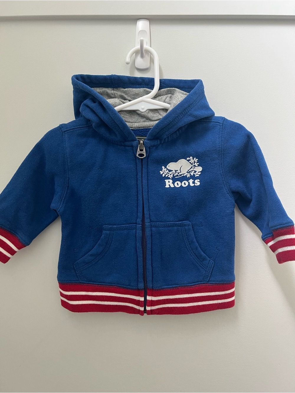 Roots Toddler Soft Blue Zip Hoodie with Red-Striped Trim - Picture 1 of 9
